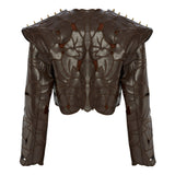 Fully Embroidered Brown Leather Jacket With Gold Button Details On Shoulders