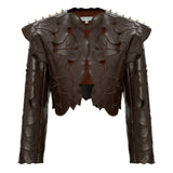 Fully Embroidered Brown Leather Jacket With Gold Button Details On Shoulders