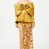Gold Jacquard Fully Boned Sculptural Jacket With Flower Detail
