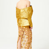 Gold Jacquard Fully Boned Sculptural Jacket With Flower Detail