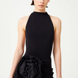 Black Stretchy Halter Neck Jumpsuit With Organza Flower Detail On The Waist