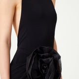 Black Stretchy Halter Neck Jumpsuit With Organza Flower Detail On The Waist