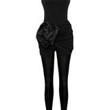 Black Stretchy Halter Neck Jumpsuit With Organza Flower Detail On The Waist