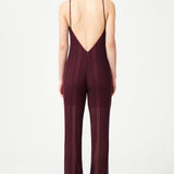 Burgundy Knit Halter Neck Jumpsuit With Sequined Stripes