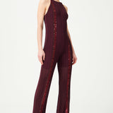 Burgundy Knit Halter Neck Jumpsuit With Sequined Stripes