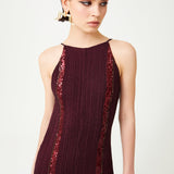 Burgundy Knit Halter Neck Jumpsuit With Sequined Stripes