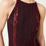 Burgundy Knit Halter Neck Jumpsuit With Sequined Stripes