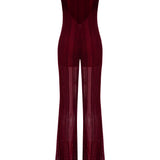 Burgundy Knit Halter Neck Jumpsuit With Sequined Stripes