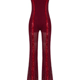 Burgundy Knit Halter Neck Jumpsuit With Sequined Stripes