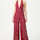 Burgundy Handmade Gold Polka Dot Detailed Silk Chiffon Jumpsuit