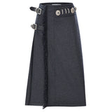 Dark Grey Wool Midi Skirt With Metallic Piercing Detailed Belt