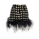 Black Handmade Gold Polka Dot Detailed Silk Chiffon Mini Skirt With Fur Finishing