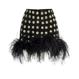 Black Handmade Gold Polka Dot Detailed Silk Chiffon Mini Skirt With Fur Finishing