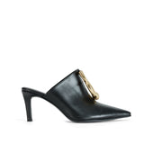 Black Leather Clog With Gold Art-Deco Buckle Detail