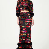 Red Flower Printed Stretchy Black Crop Top With Feather Sleeve Finishing