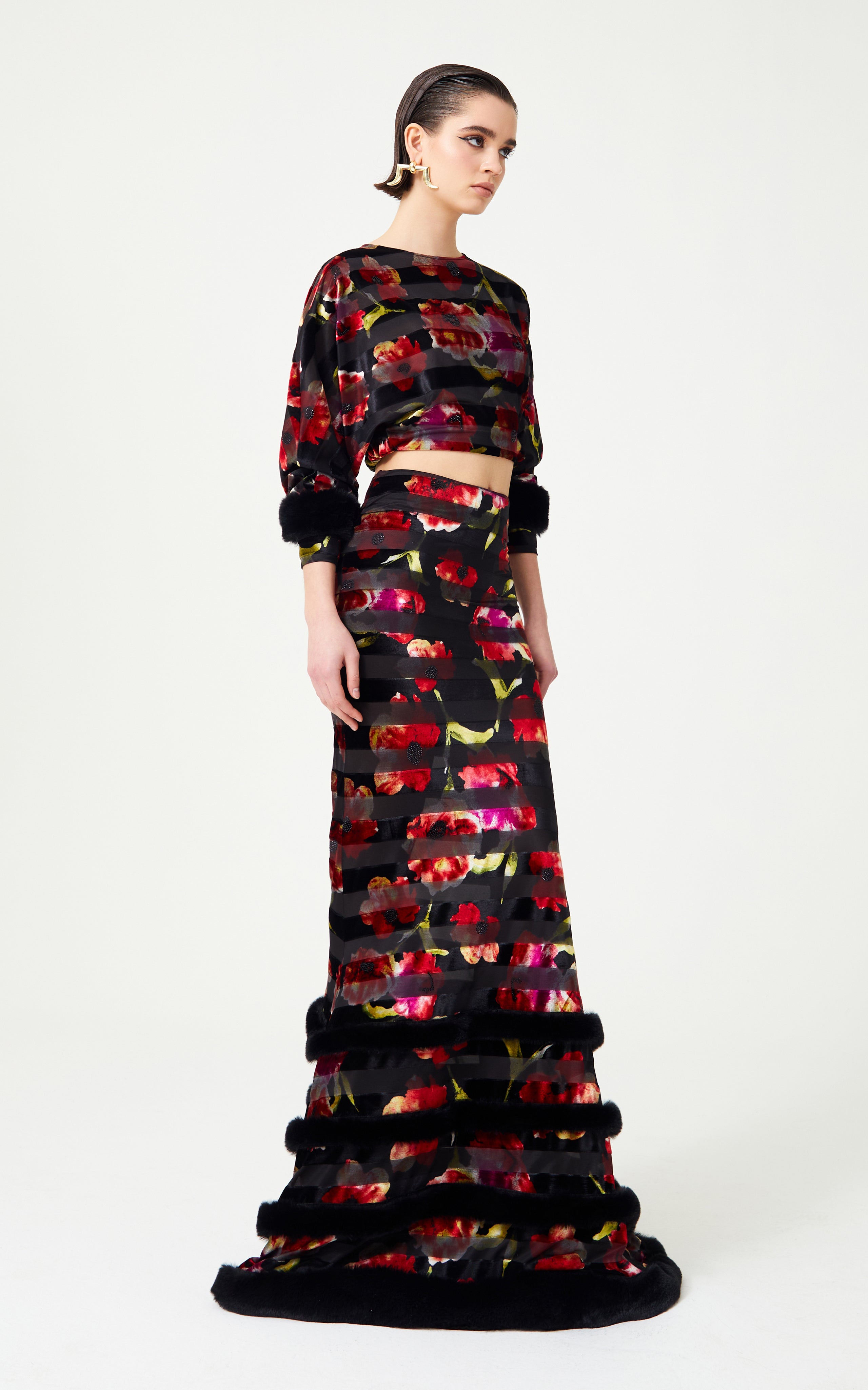 FW24-T-1001-Printed Red-36 raisa_vanessa red-flower-printed-stretchy-black-crop-top-with-feather-sleeve-finishing