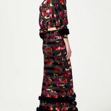 Red Flower Printed Stretchy Black Maxi Skirt With Feather Finishing