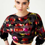 Red Flower Printed Stretchy Black Crop Top With Feather Sleeve Finishing