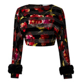 Red Flower Printed Stretchy Black Crop Top With Feather Sleeve Finishing