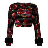 FW24-T-1001-Printed Red-44 raisa_vanessa red-flower-printed-stretchy-black-crop-top-with-feather-sleeve-finishing