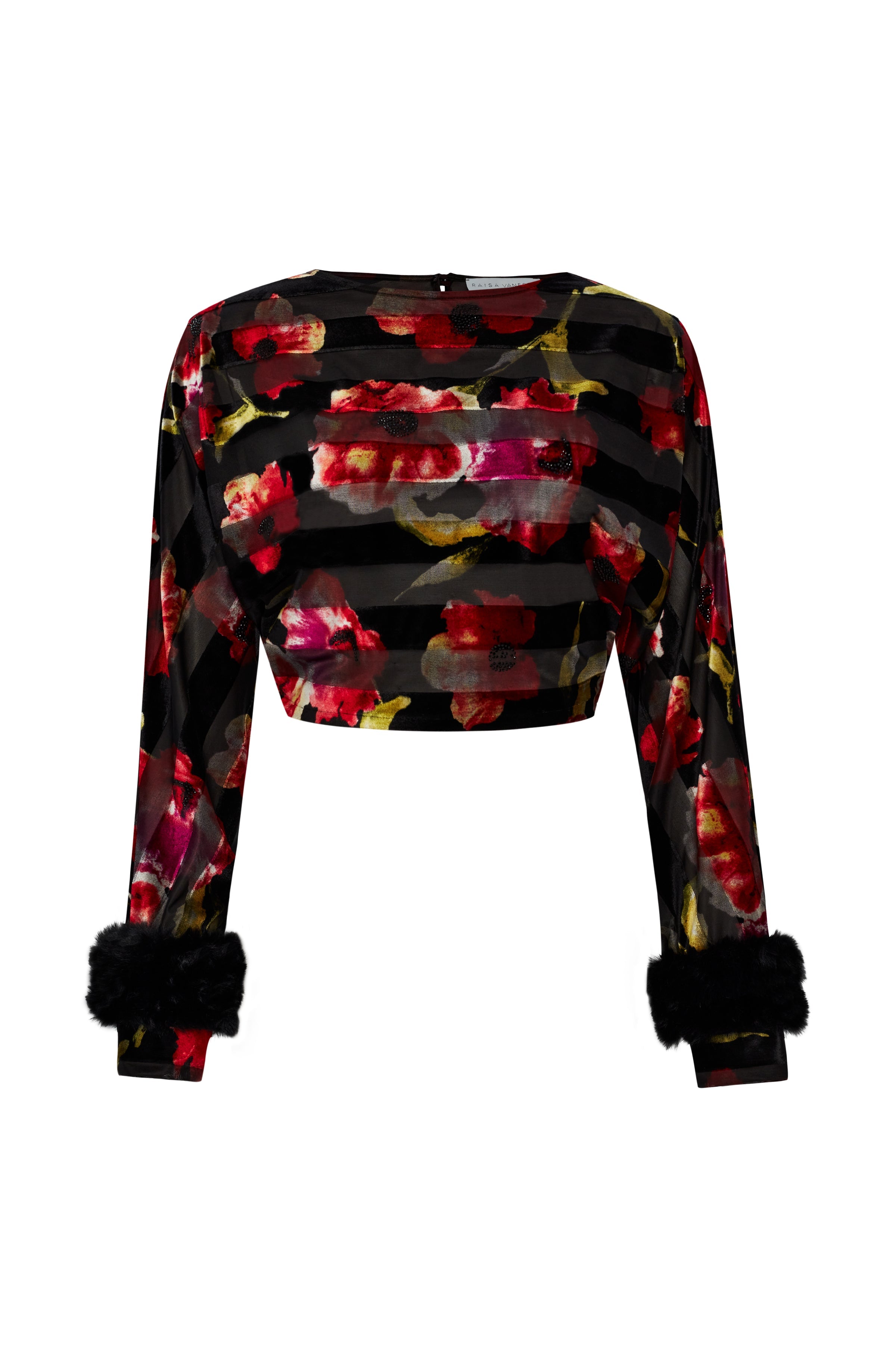 FW24-T-1001-Printed Red-44 raisa_vanessa red-flower-printed-stretchy-black-crop-top-with-feather-sleeve-finishing