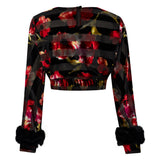 Red Flower Printed Stretchy Black Crop Top With Feather Sleeve Finishing