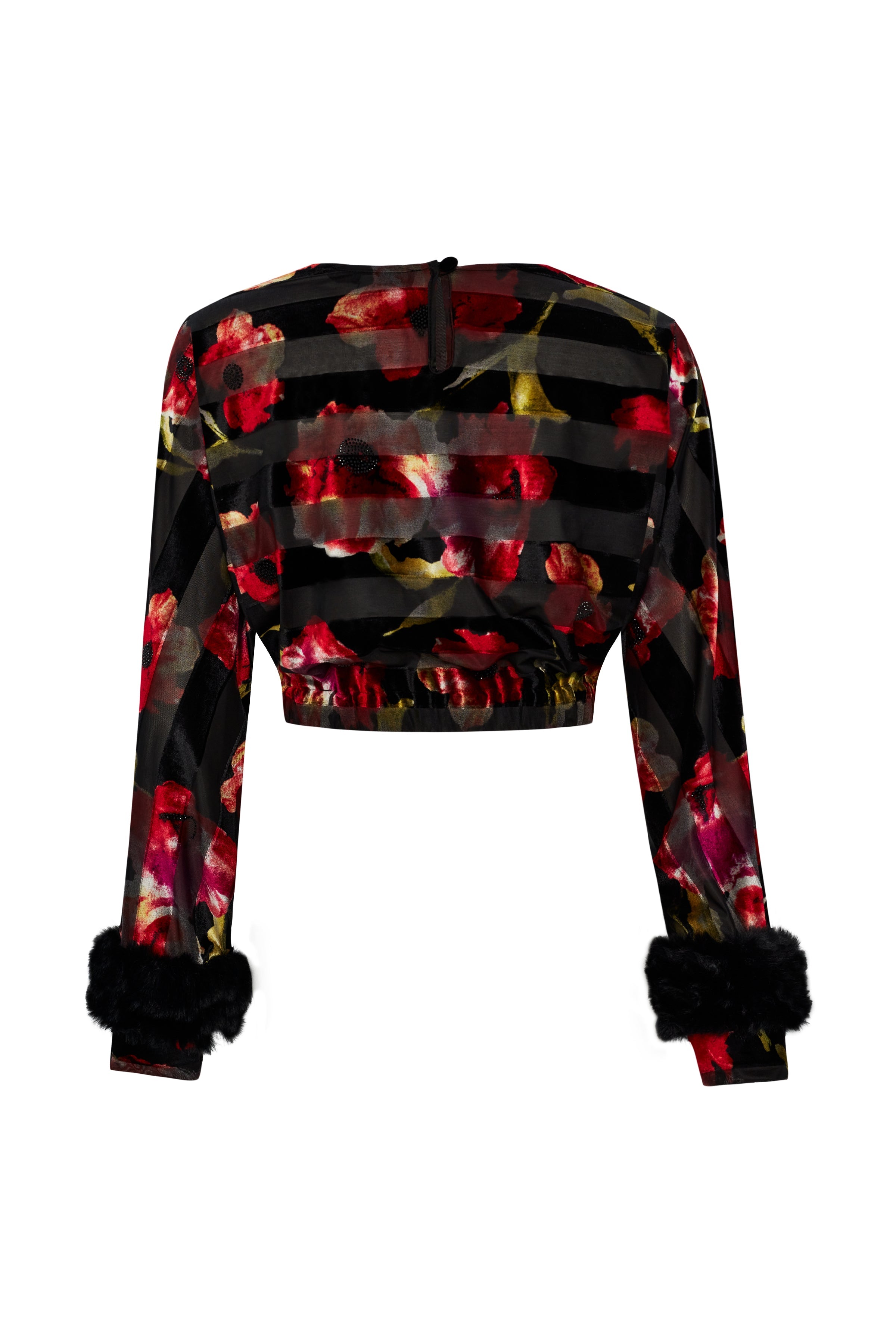 FW24-T-1001-Printed Blue-34 raisa_vanessa red-flower-printed-stretchy-black-crop-top-with-feather-sleeve-finishing