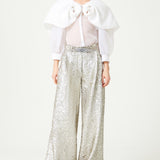 Silver Jacquard Wide Leg Pleated Pants