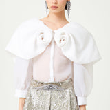 White Flower Detailed Royal Neckline Silk Organza Shirt