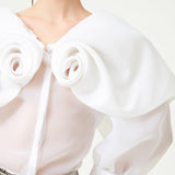 White Flower Detailed Royal Neckline Silk Organza Shirt