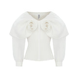 White Flower Detailed Royal Neckline Silk Organza Shirt