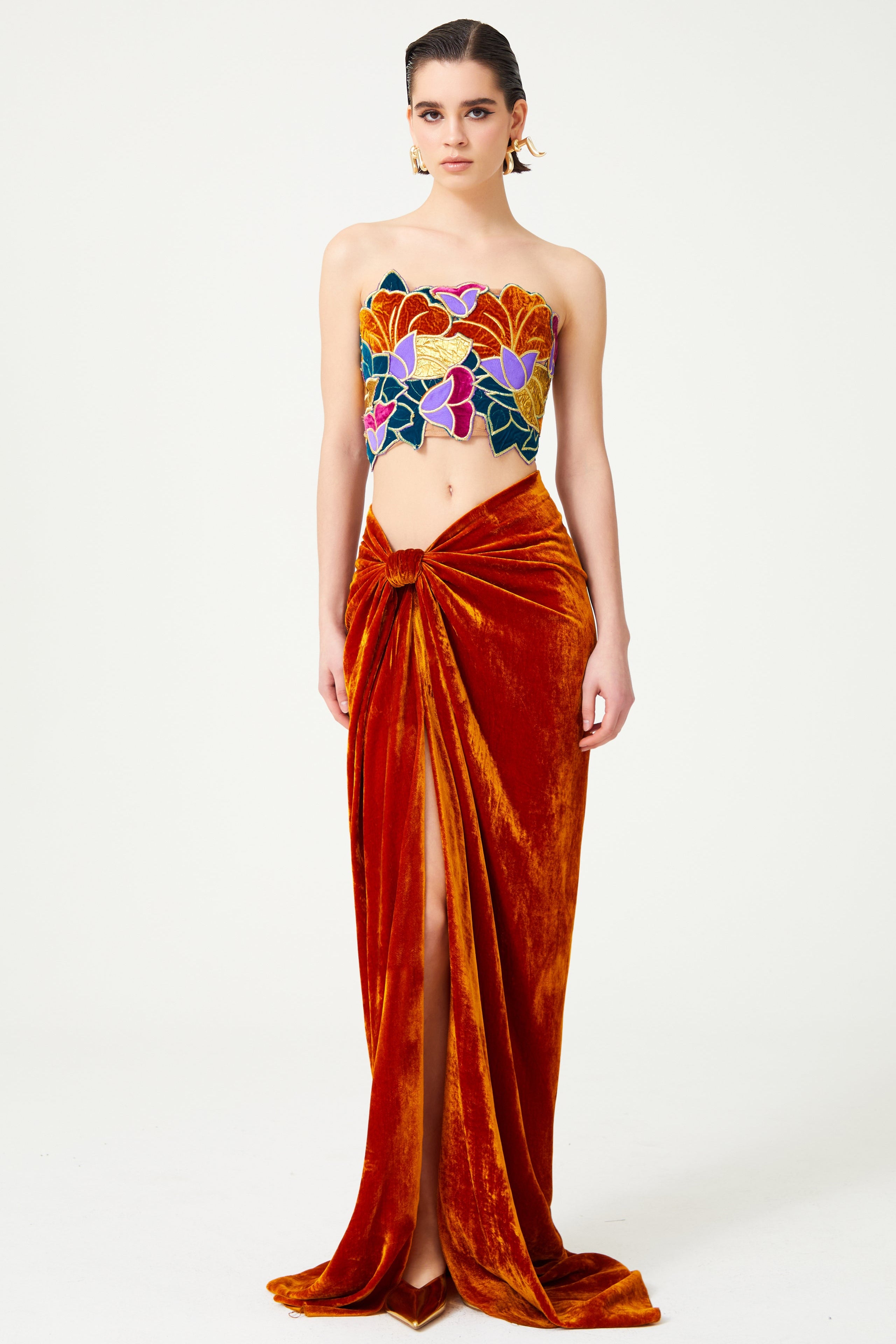 FW24-T-1004-Multicolor-34 raisa_vanessa multi-color-flower-brouded-gold-embroidered-jaquard-and-silk-velvet-strapless-crop-top