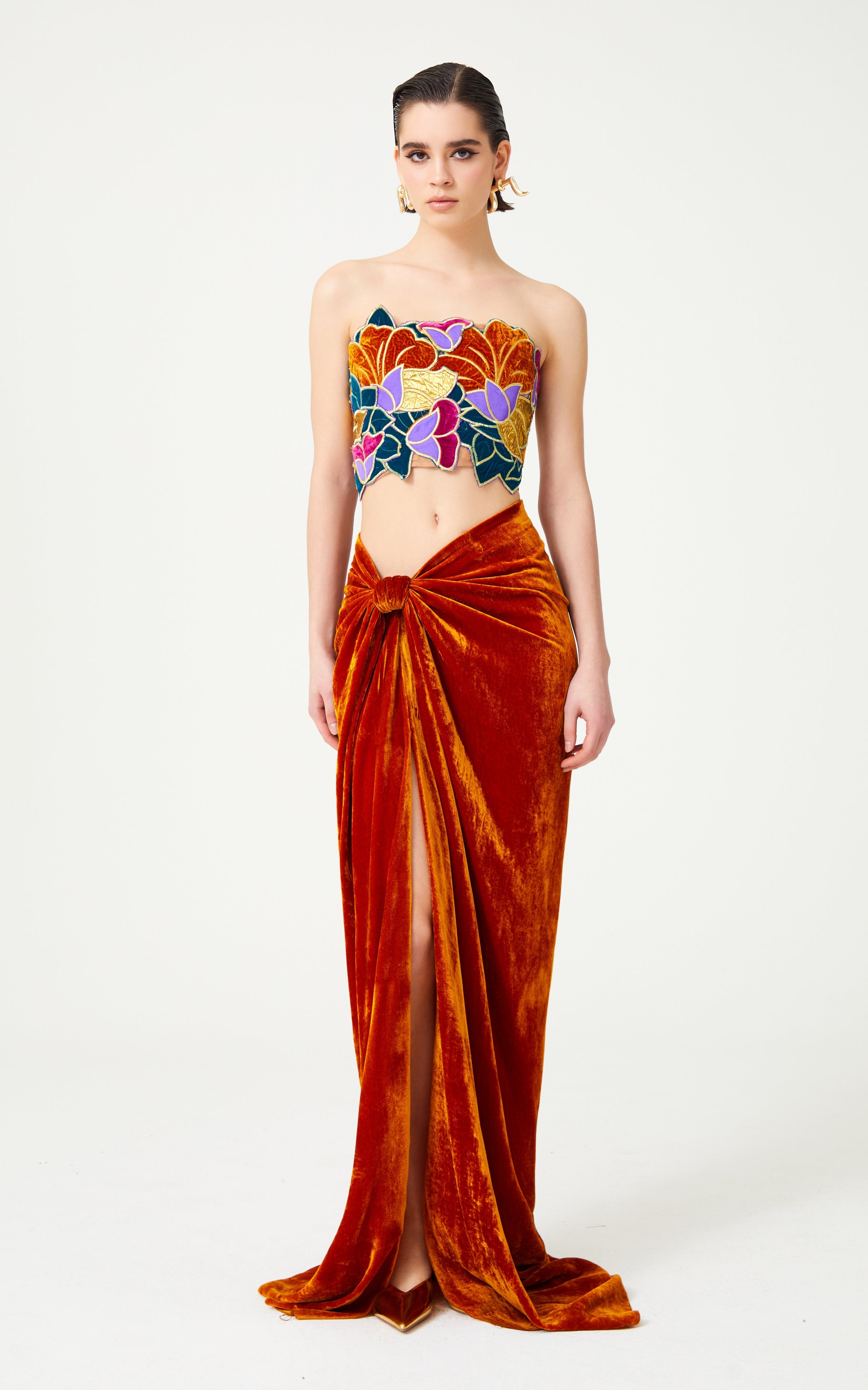 FW24-T-1004-Multicolor-34 raisa_vanessa multi-color-flower-brouded-gold-embroidered-jaquard-and-silk-velvet-strapless-crop-top