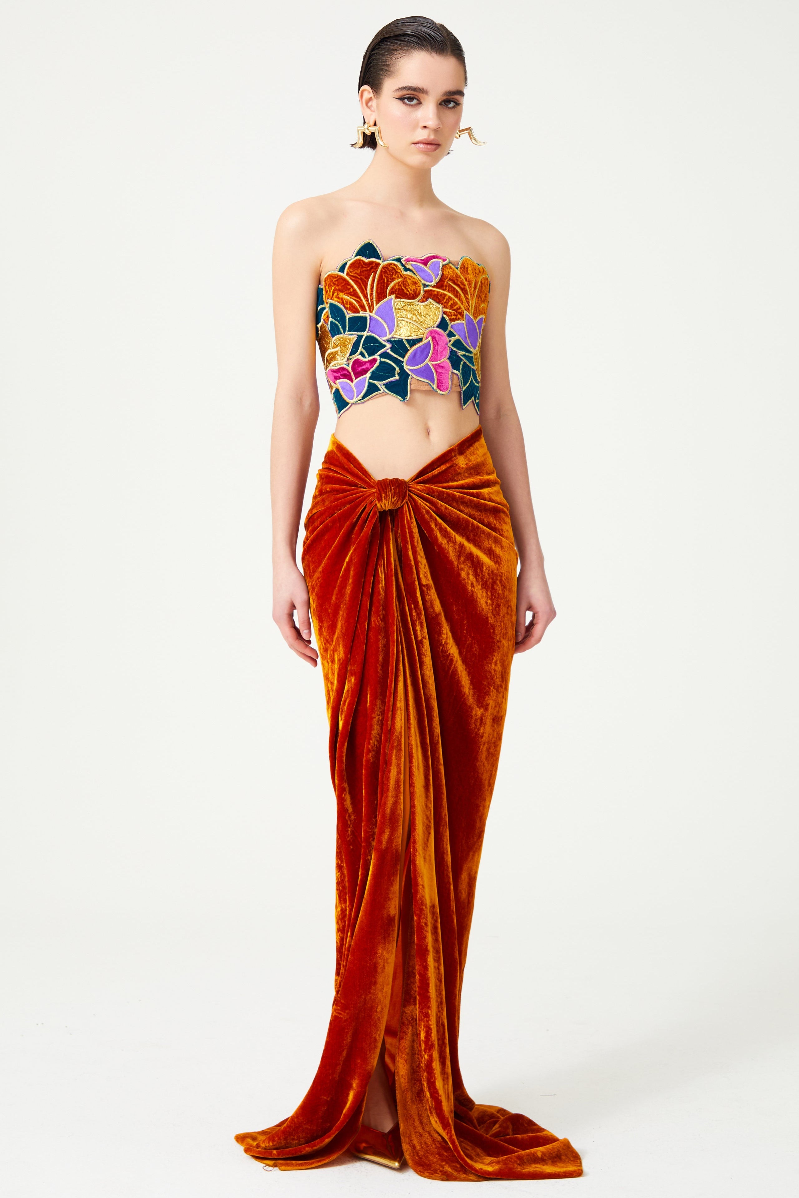 FW24-T-1004-Multicolor-36 raisa_vanessa multi-color-flower-brouded-gold-embroidered-jaquard-and-silk-velvet-strapless-crop-top