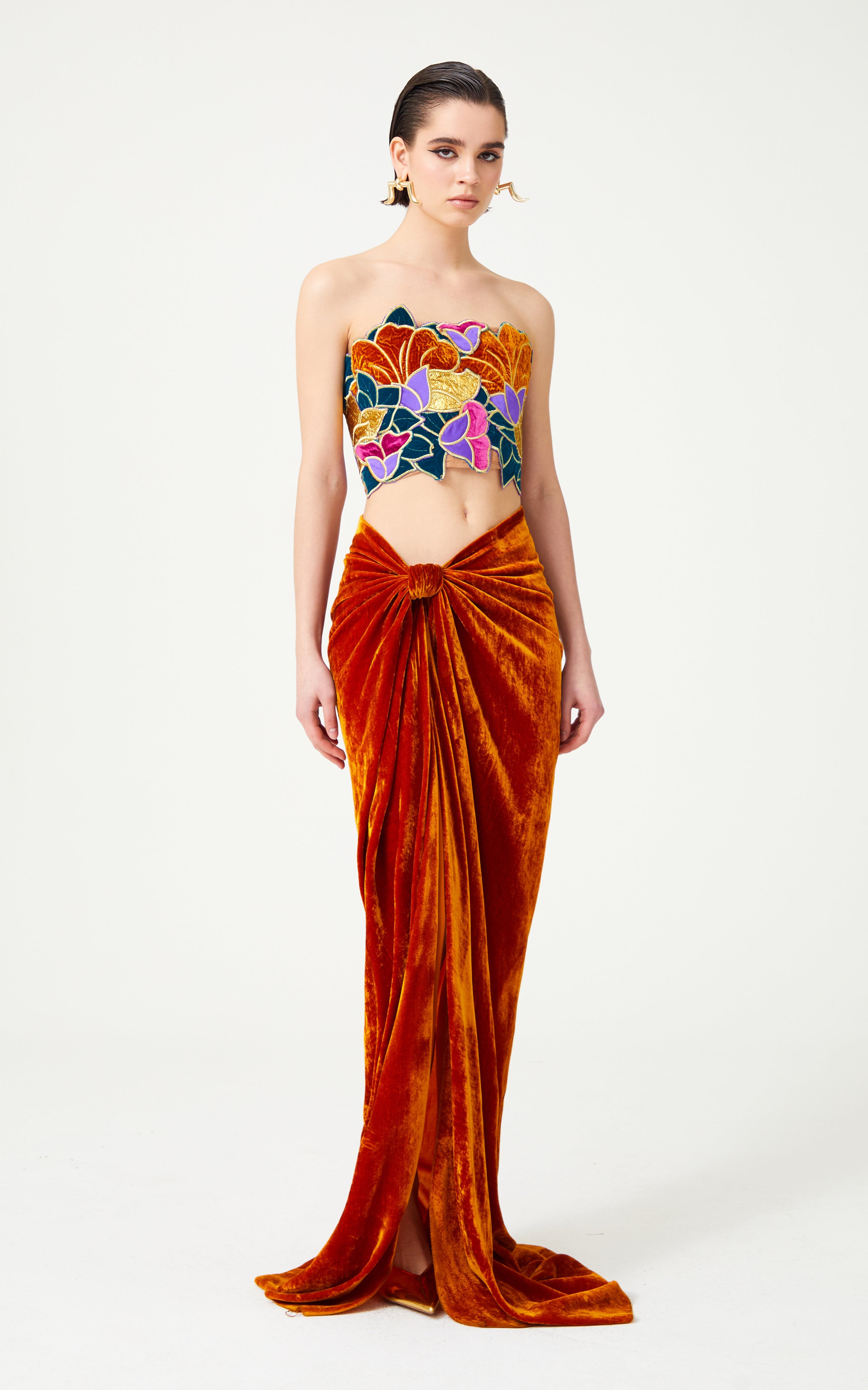 FW24-T-1004-Multicolor-36 raisa_vanessa multi-color-flower-brouded-gold-embroidered-jaquard-and-silk-velvet-strapless-crop-top