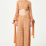 Beige Handmade Gold Polka Dot Detailed Silk Chiffon Wide Pants