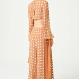 Beige Handmade Gold Polka Dot Detailed Silk Chiffon Wide Pants