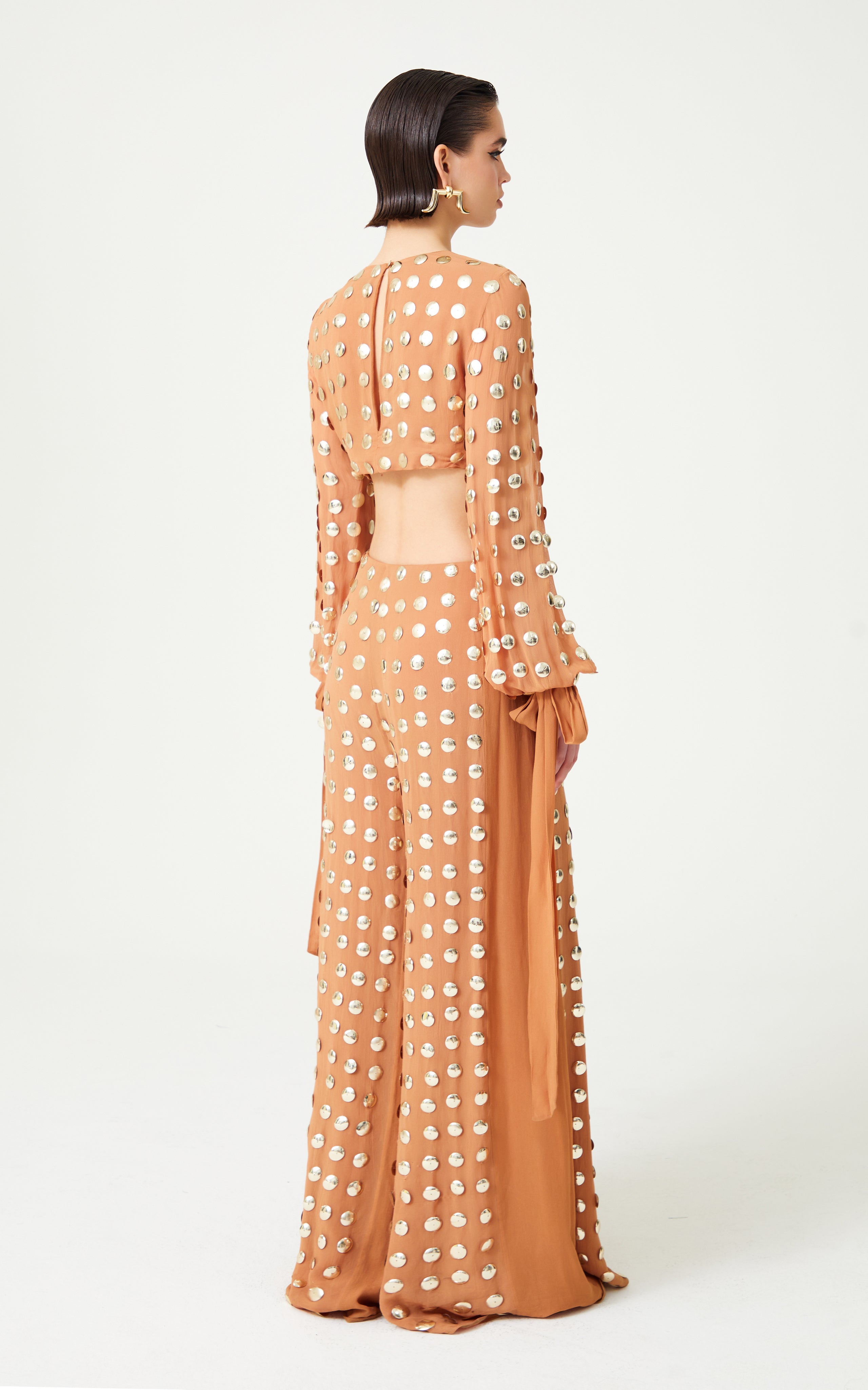 FW24-P-1010-Beige-38 raisa_vanessa beige-handmade-gold-polka-dot-detailed-silk-chiffon-wide-pants