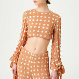 Beige Handmade Gold Polka Dot Detailed Silk Chiffon Wide Pants