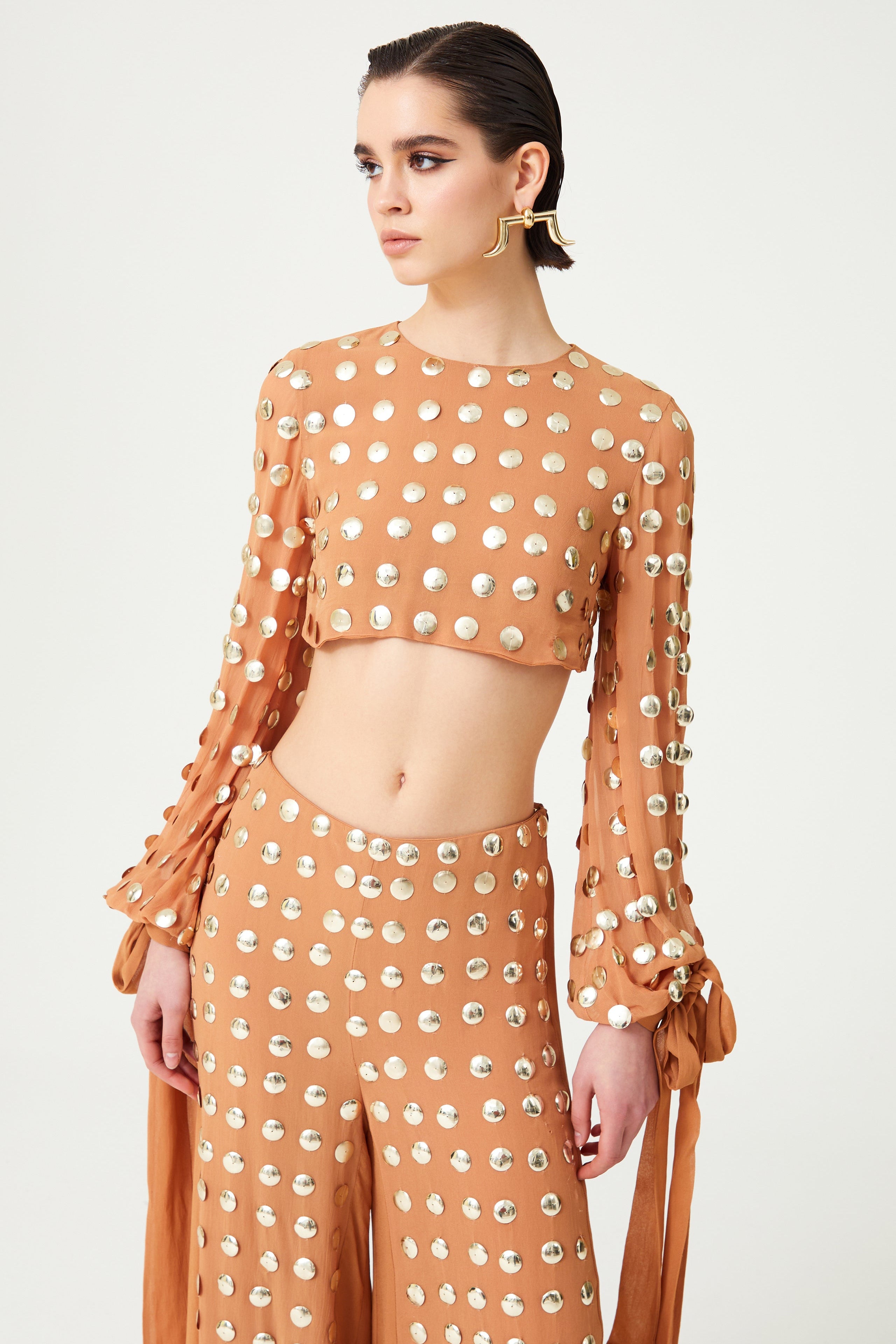 FW24-P-1010-Beige-36 raisa_vanessa beige-handmade-gold-polka-dot-detailed-silk-chiffon-wide-pants