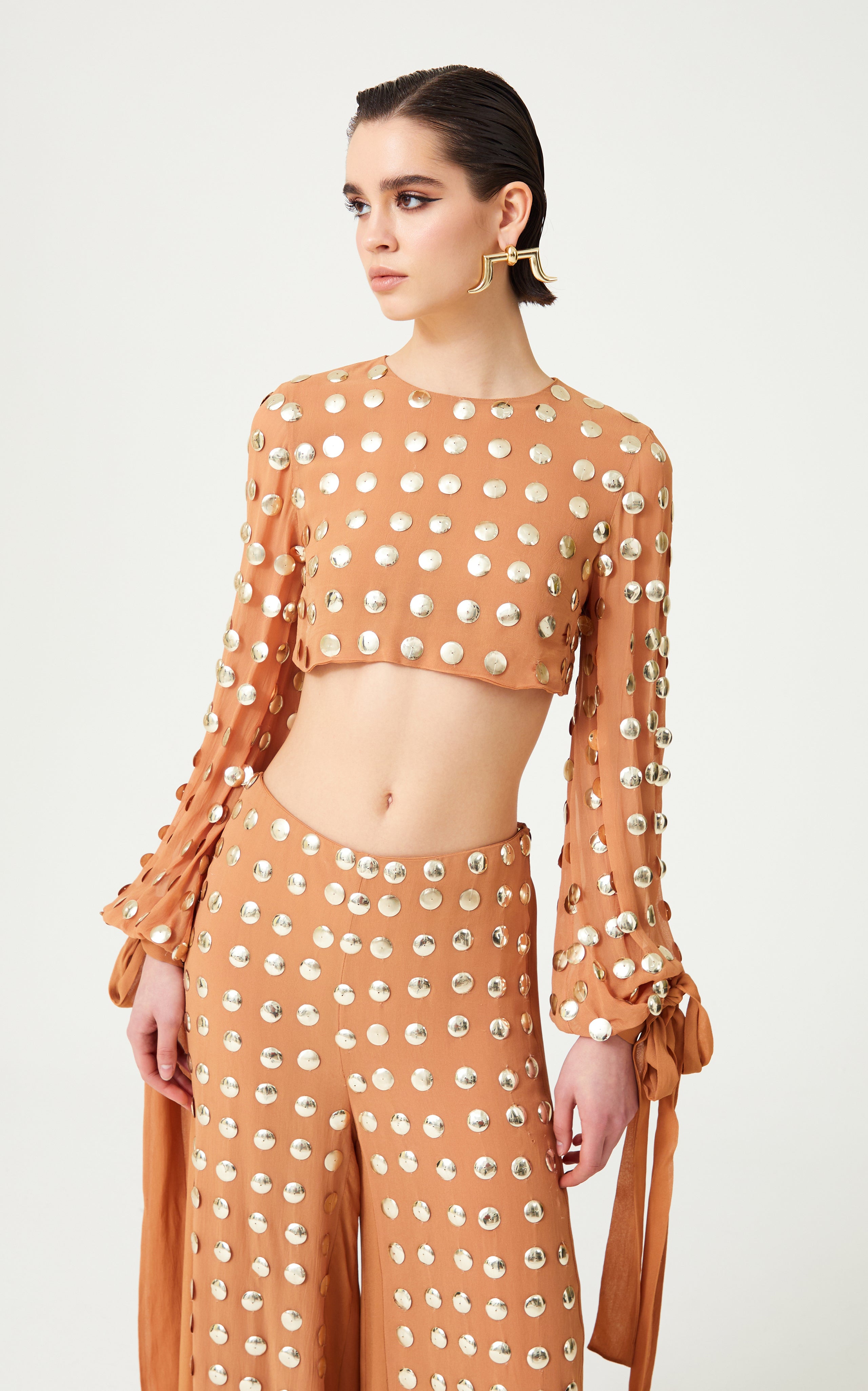 FW24-P-1010-Beige-36 raisa_vanessa beige-handmade-gold-polka-dot-detailed-silk-chiffon-wide-pants