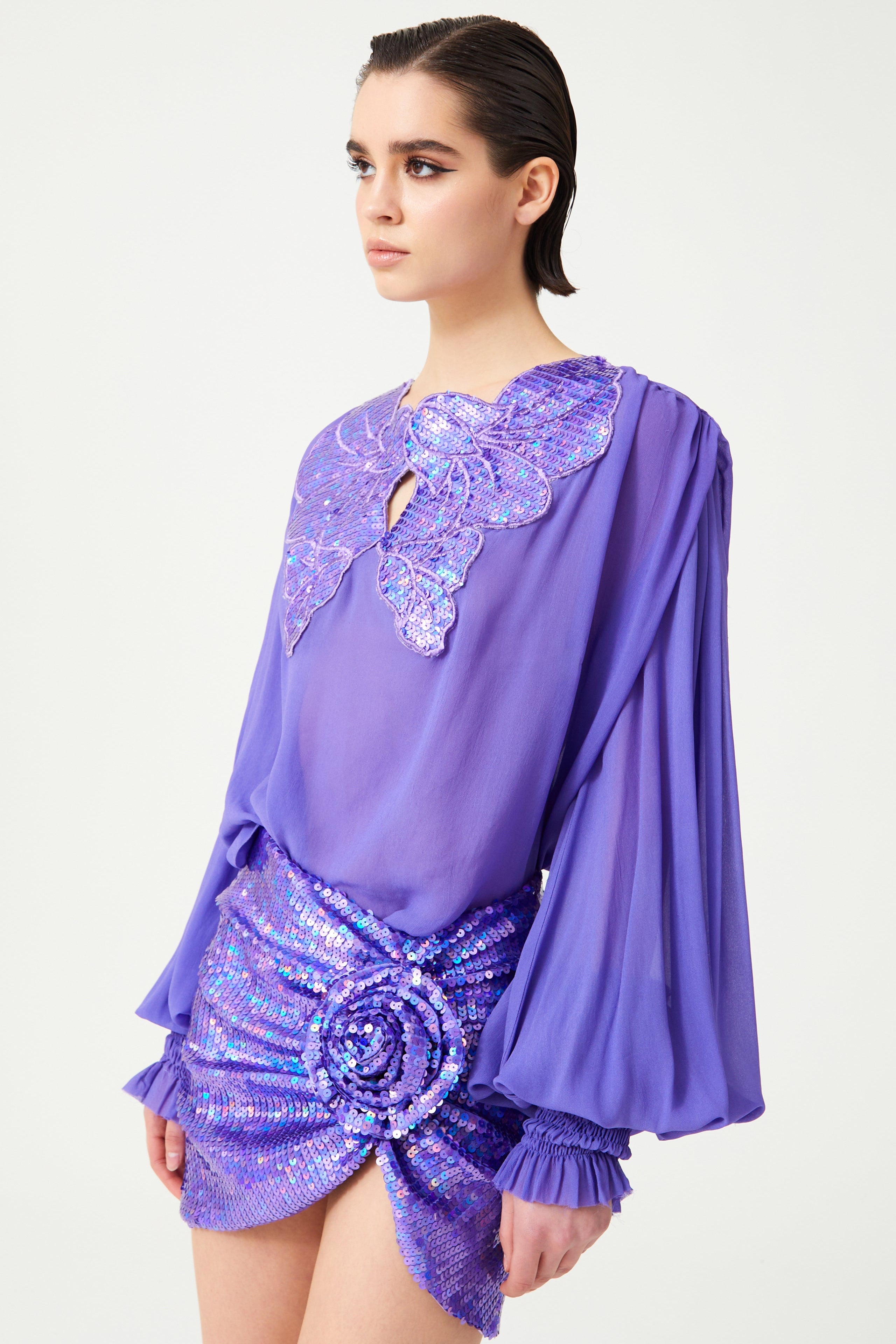 FW24-S-1010-Lilac-36 raisa_vanessa lilac-fully-sequined-draped-mini-skirt-with-flower-detail