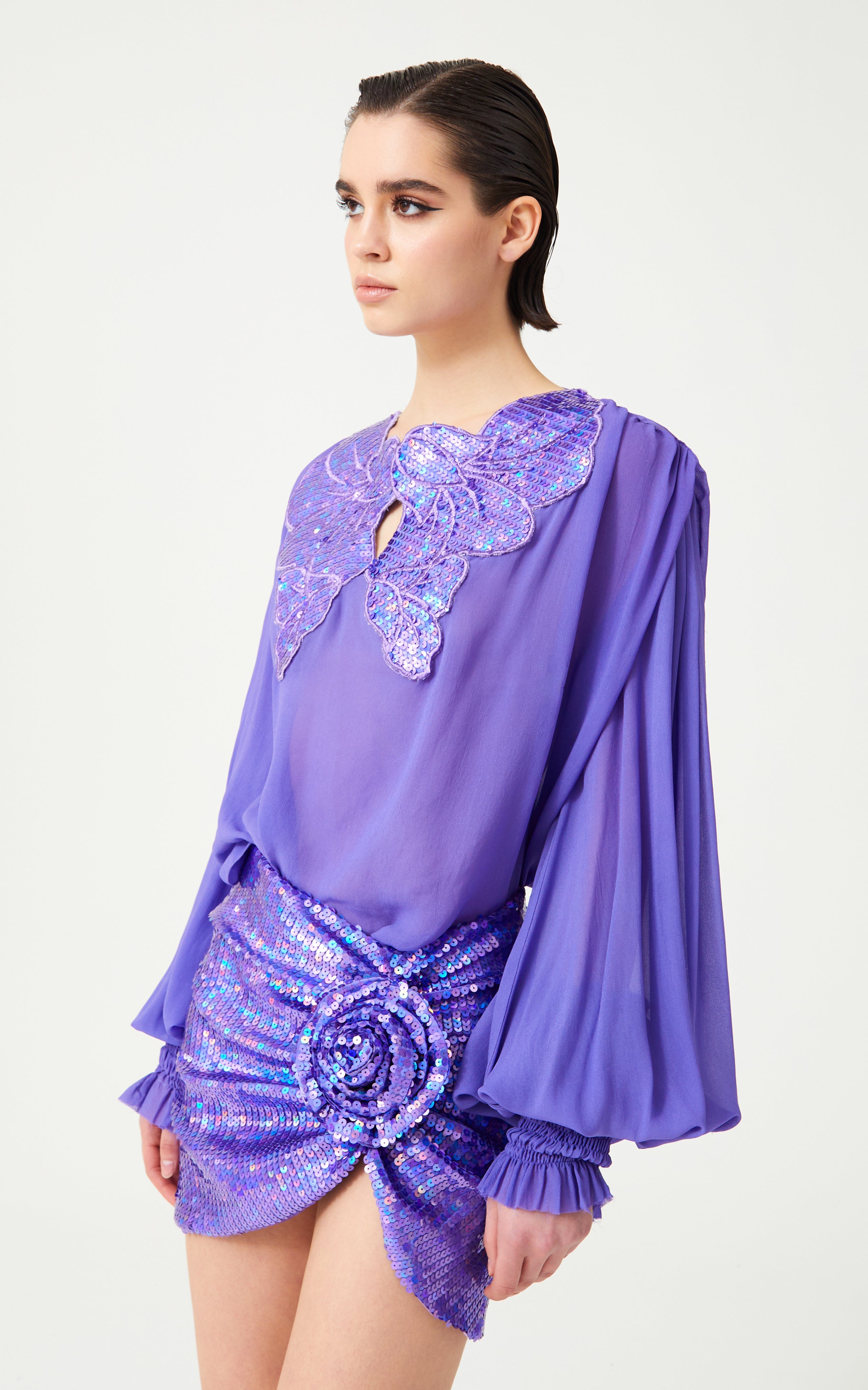 FW24-S-1010-Lilac-36 raisa_vanessa lilac-fully-sequined-draped-mini-skirt-with-flower-detail