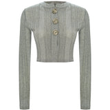 Glitter Knit Crop Cardigan With Metallic Buttons