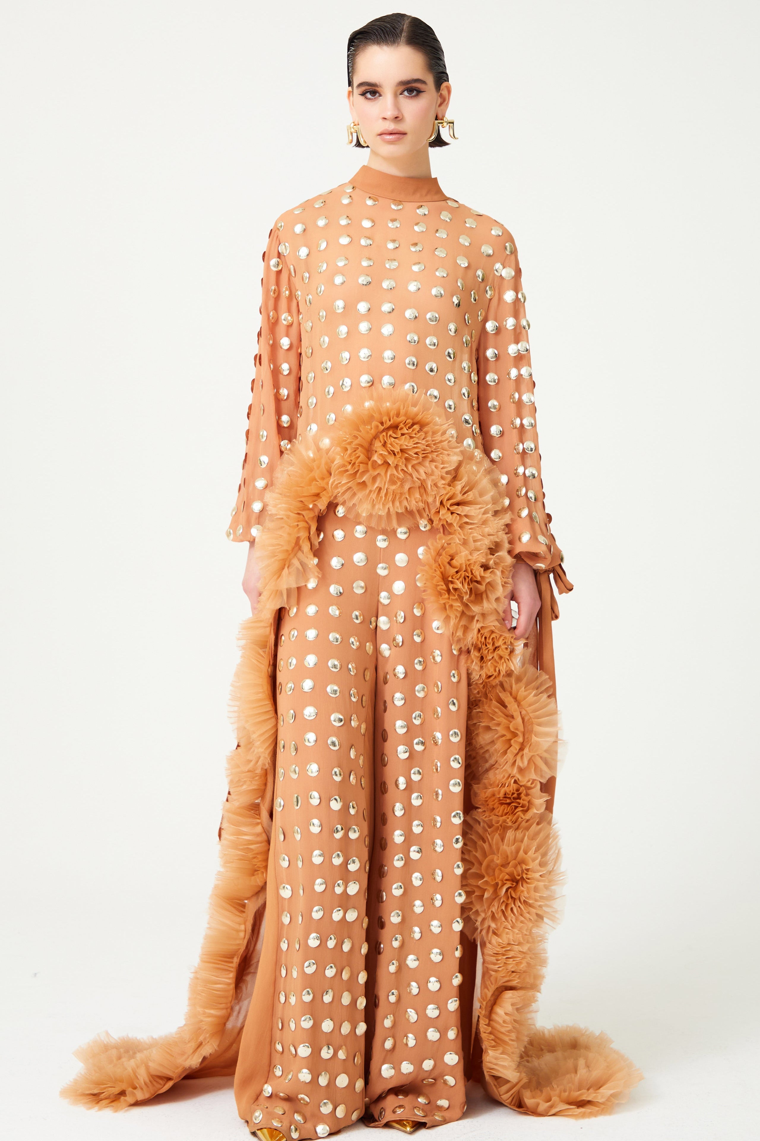 FW24-T-1016-Beige-34 raisa_vanessa beige-handmade-gold-polka-dot-detailed-silk-chiffon-blouse-long-in-the-back-with-organza-flower-details