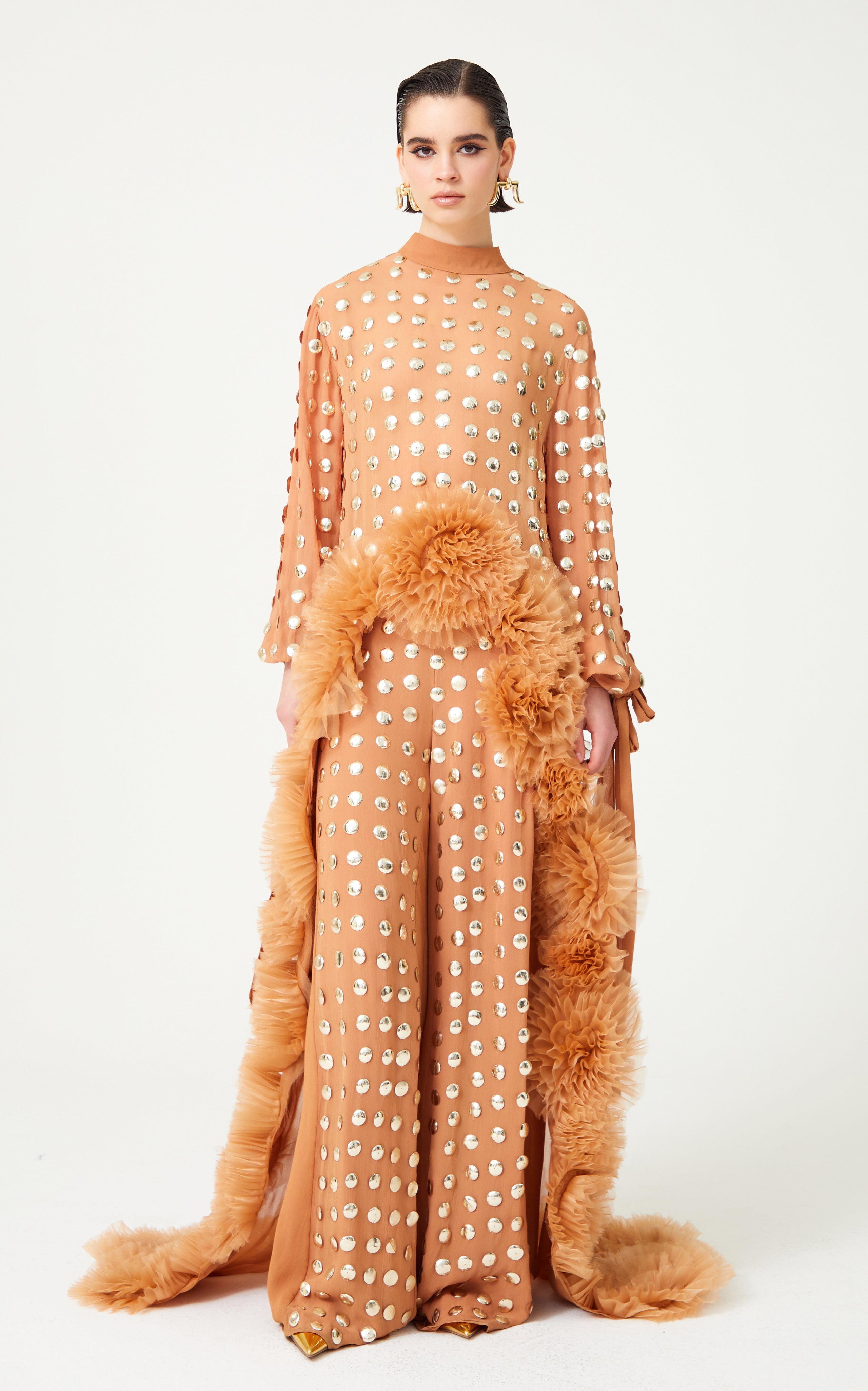 FW24-T-1016-Beige-34 raisa_vanessa beige-handmade-gold-polka-dot-detailed-silk-chiffon-blouse-long-in-the-back-with-organza-flower-details
