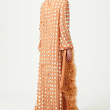 Beige Handmade Gold Polka Dot Detailed Silk Chiffon Blouse Long In The Back With Organza Flower Details