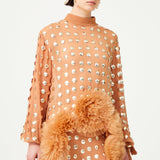 Beige Handmade Gold Polka Dot Detailed Silk Chiffon Blouse Long In The Back With Organza Flower Details