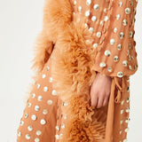 Beige Handmade Gold Polka Dot Detailed Silk Chiffon Blouse Long In The Back With Organza Flower Details