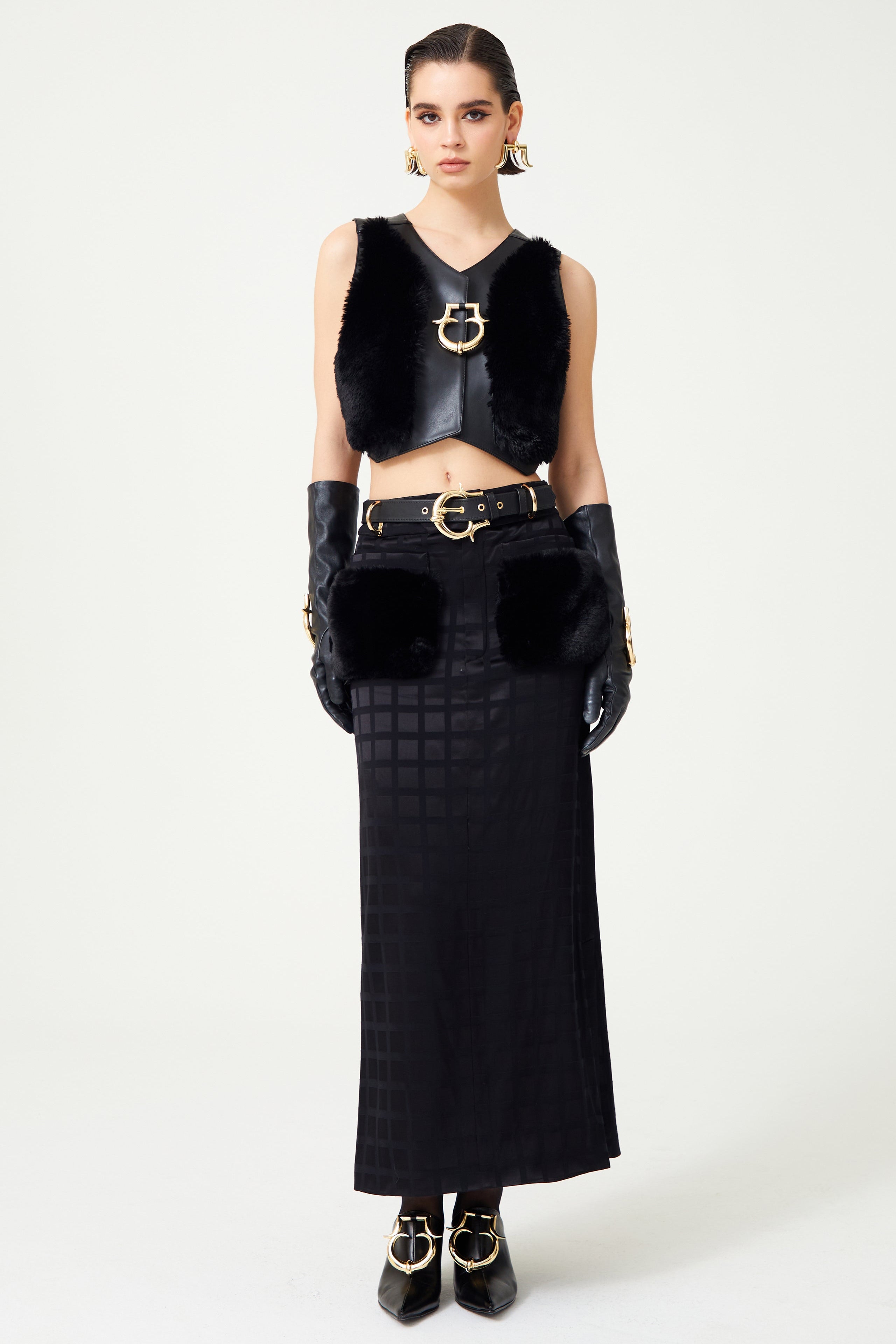 FW24-T-1018-Black-34 raisa_vanessa black-leather-furred-mini-vest-with-gold-buckle-detail
